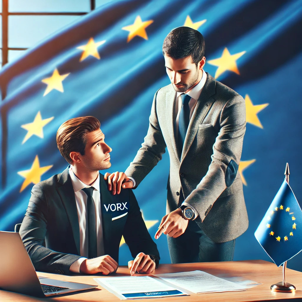 EU Blue Card, Work Permits & Residency in 2025: Your Complete Guide to Living and Working in Europe 1 DALLA·E 2025 07 15 17.11.30 A professional consultant from a fictional company named VORX helping a client with EU Blue Card application. The professional is well dressed in bu