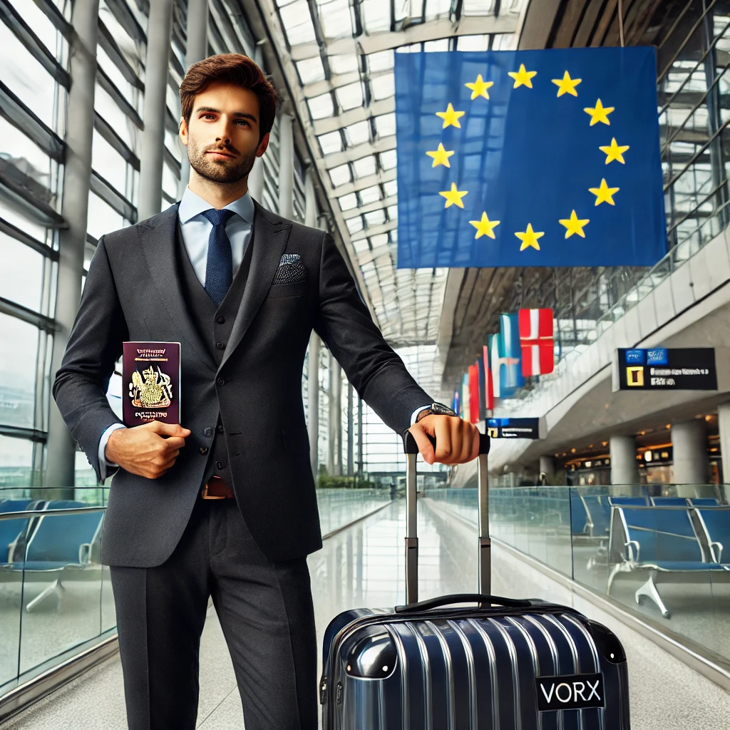 EU Blue Card, Work Permits & Residency in 2025: Your Complete Guide to Living and Working in Europe 6 DALL·E 2025 07 15 20.23.15 A professional male in business attire standing in a modern airport terminal. He is holding a European Union passport in one hand and a sleek rolling